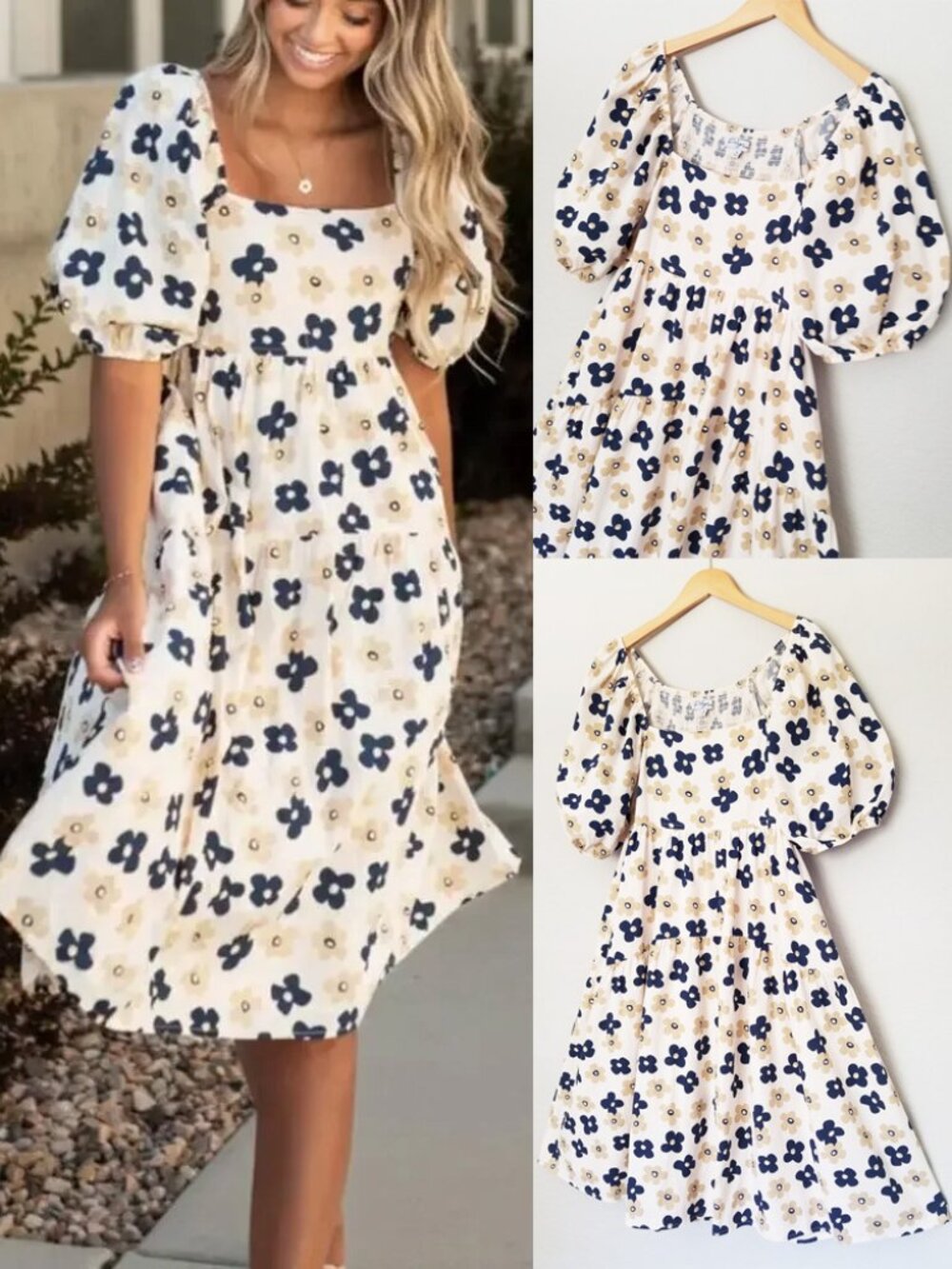 Polagram Floral Tiered Smocked Midi Dress M Square Neck Puff Boho Cottagecore
